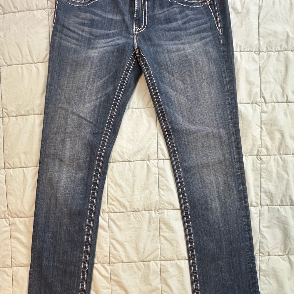 Miss Me Blue Straight Leg Jeans with Vintage Distress
